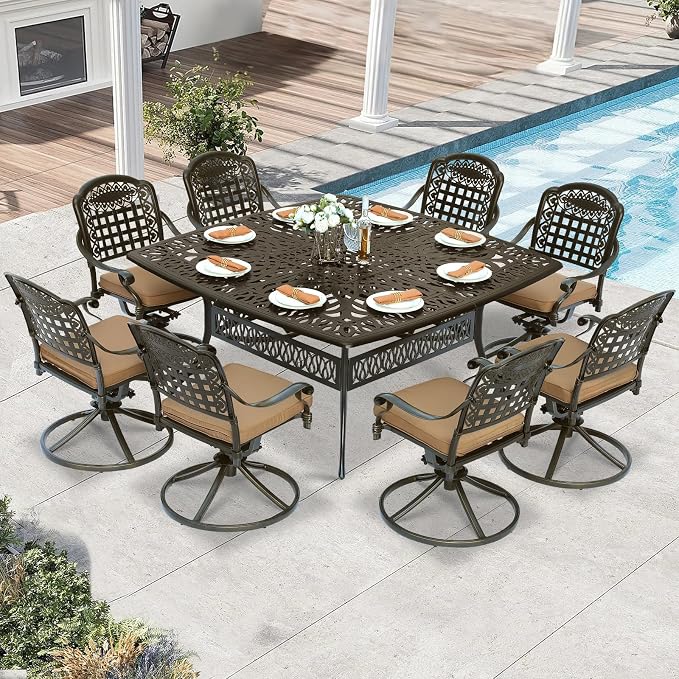 9 Piece Outdoor Patio Dining Set for 8, Cast Aluminium Large Square Dining Table & 8 Swivel Rocker Chairs with Removable Cushions, Umbrella Hole, Patio Furniture Set for Garden, Khaki