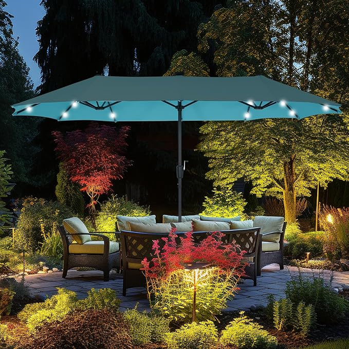 13 ft Patio Umbrella with 36 LED Lights, Large Rectangle Outdoor Solar Umbrella with Strap, Crank, Blue
