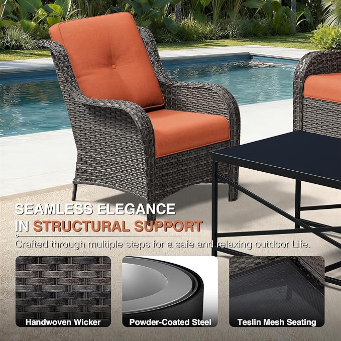 Joyside 5 Piece Wicker Patio Furniture Set, Rattan Patio Chairs with High Back, Deep Seating, Wide Armrest, Thickened Cushions, Outdoor Furniture for Deck, Porch Use