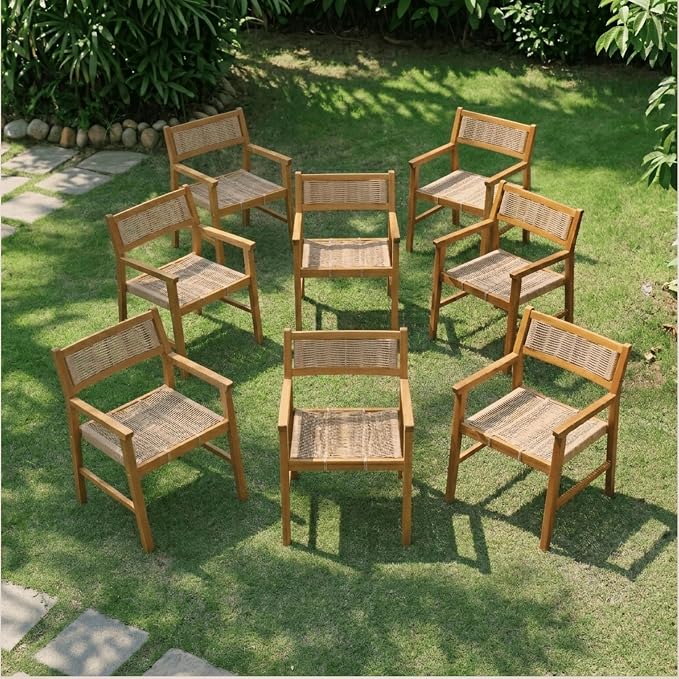 NTC Terra 8 Pieces Solid Wood Armchairs with Handwoven Rope Seat & Back, Indoor & Outdoor Dining Chairs for Patio Dining Sets, Modern Patio Chairs with Arms, Easy Assembly, Natural