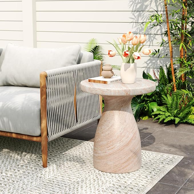 Concrete Side Table, Travertine Finish, 23 in Beige | Indoor outdoor use, lightweight concrete, travertine-look hourglass, 23 x 20 in, no assembly