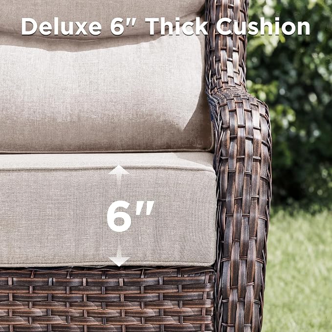 Luxury 6 Pieces Outdoor Patio Furniture Set-All Weather Wicker Outdoor Furniture with Swivel Rocker Patio Chairs 6-inch Extra Thick Cushions Wicker Conversation Set for Deck Garden(Brown/Beige)