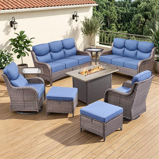 Luxury 6" Thick Cushion 9 Pieces Wicker Patio Furniture Set with 41”Fire Table, Outdoor Conversation Set with Patio Couch and Swivel Rocker Chairs for Deck Porch Yard and Poolside