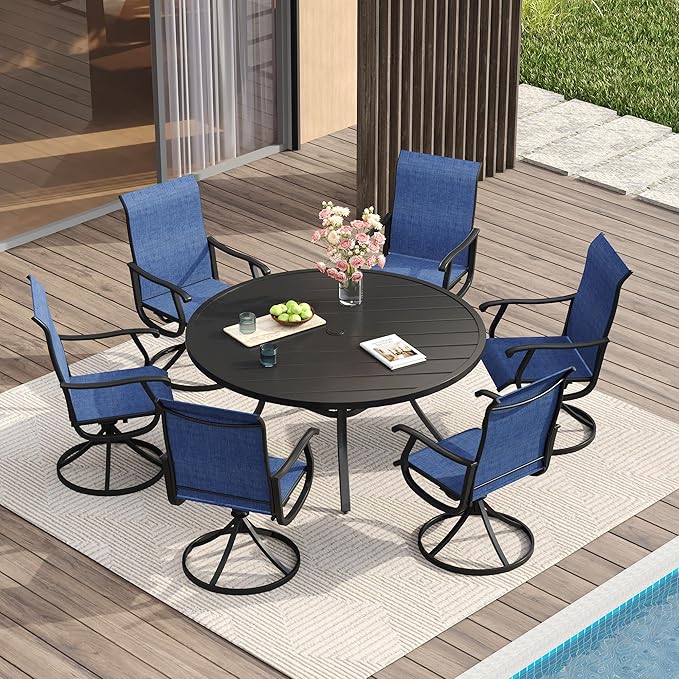 VICLLAX Patio Dining Set for 6, 7 Pieces Outdoor Furniture Includes 47.2" Round Patio Table with Umbrella Hole and 6 Outdoor Swivel Chairs for Lawn Garden, Black Tabletop and Blue Fabric
