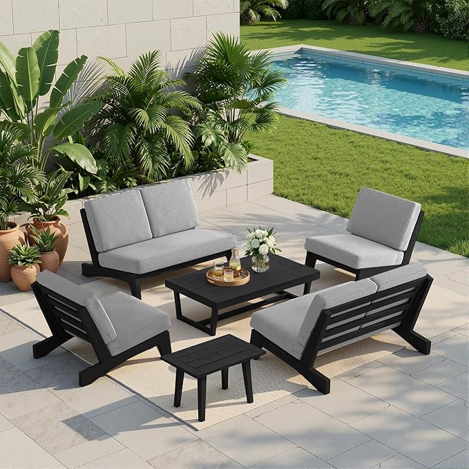 UIXE 6 Pieces All Weather Black Wood Patio Furniture Sets, 2 Patio Loveseat, 2 Patio Bistro Chair, Outdoor Sectional Sofa Furniture Backyard Conversation Set with Coffee Table - Gray