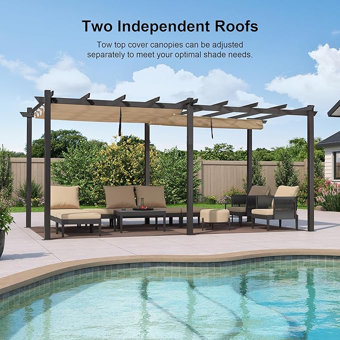 PURPLE LEAF 12' X 18' Outdoor Retractable Aluminum Pergola with Sun Shade Canopy Patio Metal Porch Garden Pavilion Grill Gazebo Modern Backyard Grape Trellis Pergola, Beige