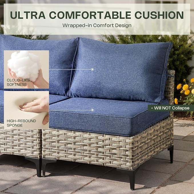 8 Pieces Patio Furniture Set, Outdoor Conversation Set with 360° Swivel Rocker Chairs, Wicker Sectional Sofa & Solar Powered Lighted Table, High Back Outdoor Furniture for Backyard Porch, Denim Blue