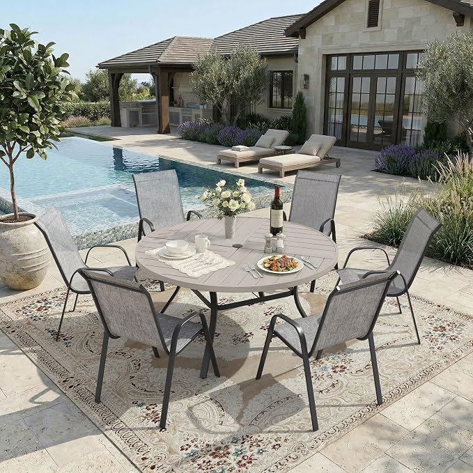DIFY 7 Piece Outdoor Dining Set, 50" Grey Wood-Like Round Metal Dining Table and Grey Textilene Stackable Patio Chairs, Patio Table and Chairs Set for 6 with Umbrella Hole for Backyard Garden Deck
