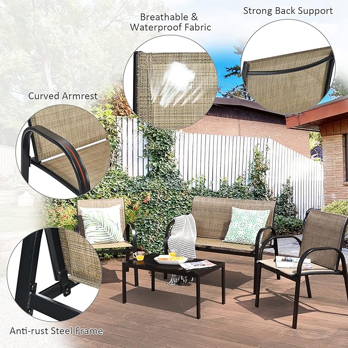 Tangkula 4 Pieces Patio Furniture Set, Metal Frame Heavy Duty Outdoor Conversation Set, Includes Glass Top Coffee Table, 2 Armrest Chairs and Loveseat, Suitable for Lawn Garden Porch Balcony (Brown)