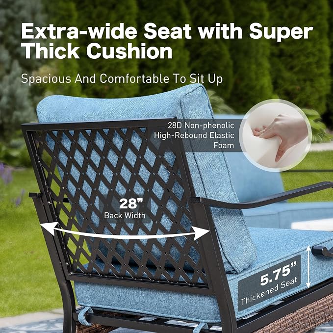 SUNSHINE VALLEY 6 Piece Metal Outdoor Patio Furniture Set, Patio Conversation Set with Rocking Chair and 5.75" Thick Cushion & Coffee Tabl, Outdoor Seating Black Frame Backyard Furniture, Denim Blue