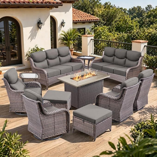Luxury 6" Thick Cushion 11 Pieces Wicker Patio Furniture Set with 41”Fire Table, Outdoor Conversation Set with Swivel Rocker Chairs Set of 4 and Patio Couch for Deck Porch Yard and Poolside