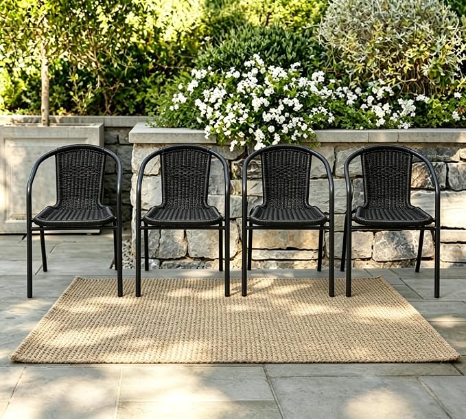 8 Piece Patio Chairs Set, Stackable Outdoor Rattan Chairs, Weatherproof Wicker Patio Seating for Balcony, Porch, Lawn, Small Patio Furniture Set for Backyard, Garden, Poolside, Black
