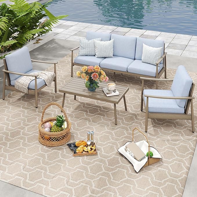 HAPPATIO Patio Outdoor Furniture Set - 4 Piece Aluminum Patio Conversation Set with 1 Coffee Table, 2 Armchairs and 1 Three-Seater Sofa, Aluminum Outdoor Furniture Set for Backyard Poolside(Brown)