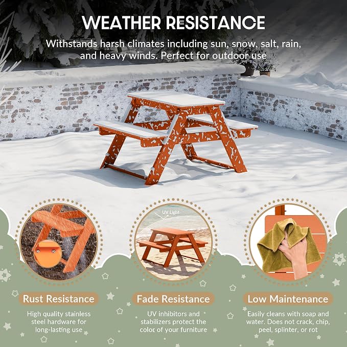 WestinTrends Malibu Outdoor Patio and Indoor Kids HDPE Plastic Picnic Bench Table, Orange