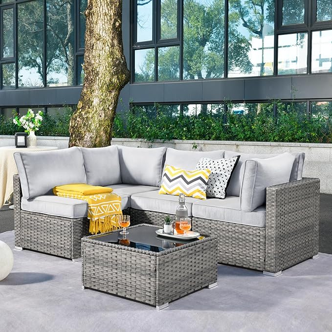ovios Outdoor 5 Piece Coversation Set with Coffee Table,Sectional Patio Furniture Set with All-Weather Wicker Sofa,Modern Outside Couch for Balcony Backyard Pool, Grey