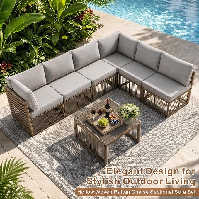 7 Piece Outdoor Patio Furniture Set, Wicker Sectional Sofa,Thick Cushions, All Weather Rattan Conversation Sets with Arm Chairs and Coffee Table for Backyard, Porch, Balcony, Deck, Garden