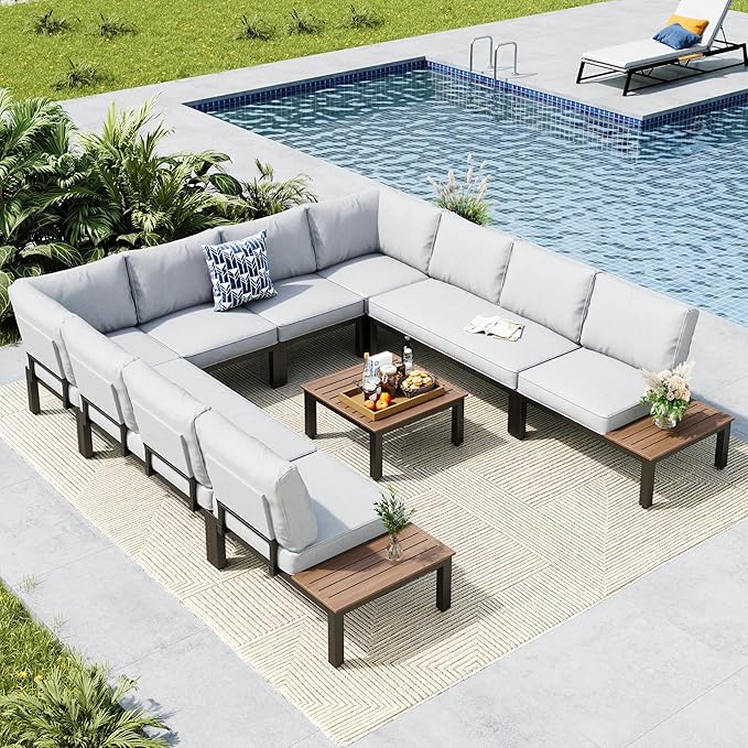 MFSTUDIO 9 Pieces Patio Furniture Set, Metal Outdoor Sectional Sofa Modular Outdoor Couch, Modern Patio Conversation Set with Coffee Table for Backyard, Garden