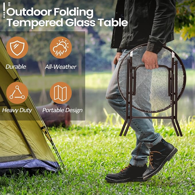 Foldable Patio Side Table Set of 2 with Tempered Glass Top 18" Folding Outdoor Side Tables Set of 2 Small Glass Patio End Tables for Porch Yard Balcony Deck Lawn Dining Garden (Brown)