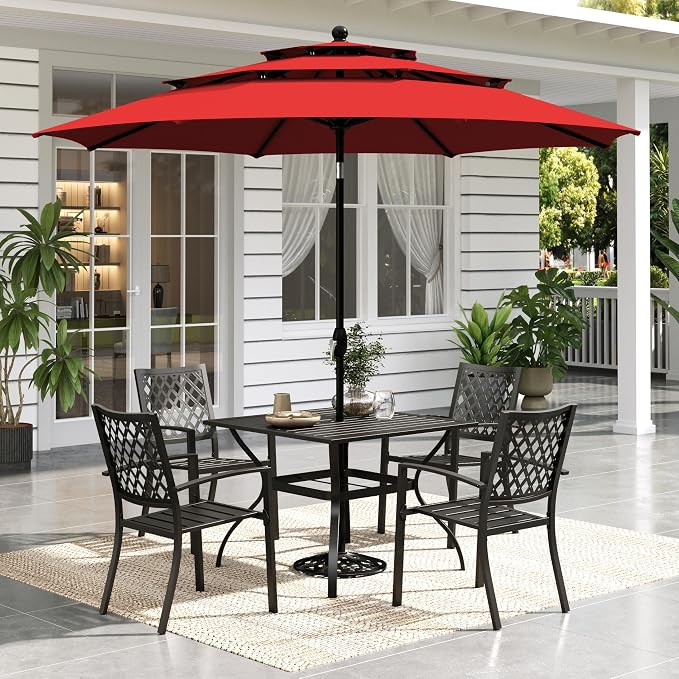 Sophia & William Metal Outdoor Patio Dining Set 6 PCS with 10ft 3 Tier Auto-tilt Umbrella(Orange Red), 4 x Metal Outdoor Chairs, 1 x Square 37"x 37" Dining Table and 1 Patio Umbrella