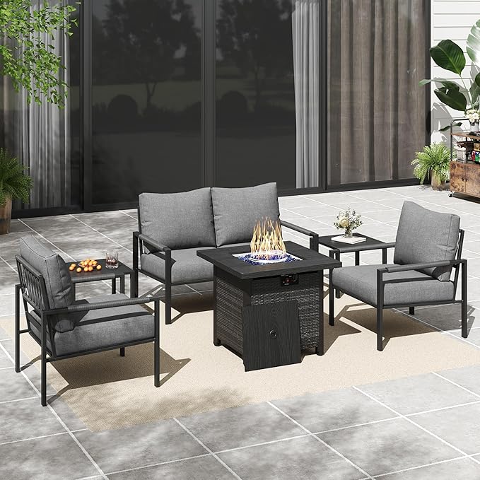 6 Pieces Rattan Outdoor Furniture Set, All-Weather Patio Conversation Set with Dark Grey Cushions, Coffee Tables and 28" Fire Pit Table