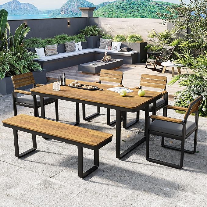 NicBex 6-Piece Patio Dining Set, Outdoor Table and Chairs for 6, Acacia Wood & Metal Frame with Umbrella Hole, Comfortable Cushions & Adjustable Feet, for Garden, Backyard, or Porch, Gray Cushions