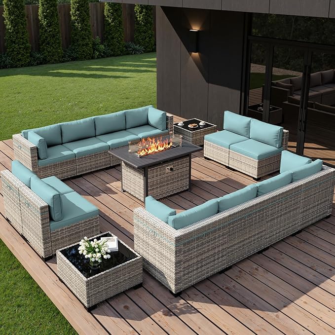 15-Piece Outdoor Patio Furniture Set with 55,000 BTU Fire Pit Table, PE Wicker Rattan Sectional Sofa Conversation Set - All-Weather Garden, Backyard Furniture, Light Blue