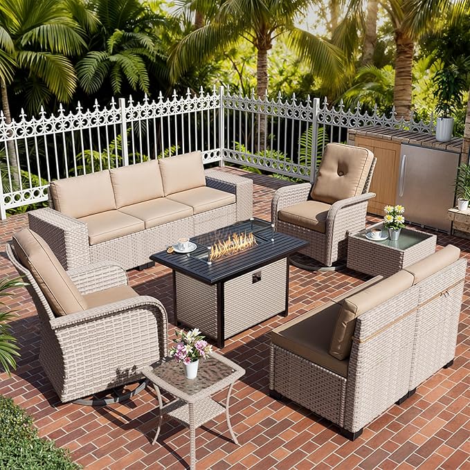 10 Pieces Patio Furniture Set with Fire Pit Table, Outdoor Sectional Wicker Sofa with Thick Cushions, High Back Swivel Rocker Patio Chairs, Rattan Conversation Set with Coffee Table, Khaki