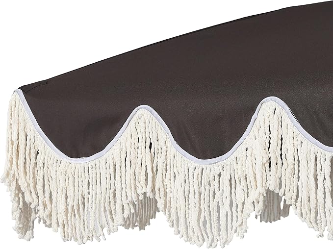 JONATHAN Y Mariner 6.5 ft. Beach Umbrella, Black Solid with Fringe, Push-Button Tilt, UPF 50+ Sun Protection and Carrying Bag for Patio and Pool, White Pole UMB1005R