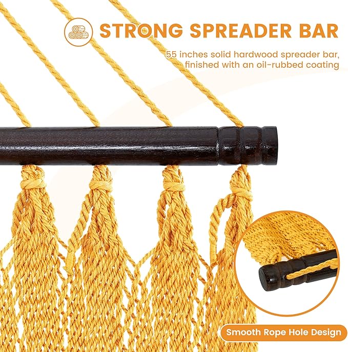 Lazy Daze Hammocks 13 FT Extra Large 2+ Person Caribbean Rope Hammock, Hand Woven Polyester XL Hammock with Spreader Bars, for Outside Outdoor Backyard Patio Poolside, 500 LBS Capacity, Yellow