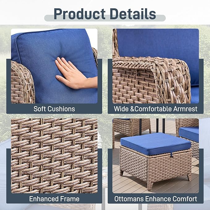 5 Piece Patio Furniture Set with Ottomans, PE Wicker Outdoor Chairs with Cushions & Tempered Glass Table, Space-Saving Balcony Furniture Set for Porch, Garden, Backyard, Blue