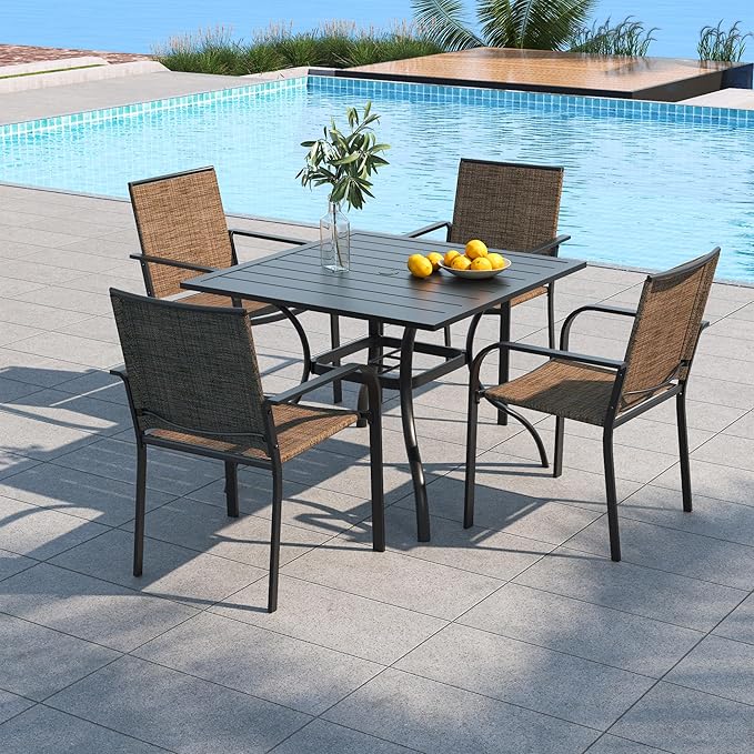 Anmutig Outdoor Patio Dining Set for 4 Person with 35‘’ Square Table and 4 Brown Tan Stackable Chairs