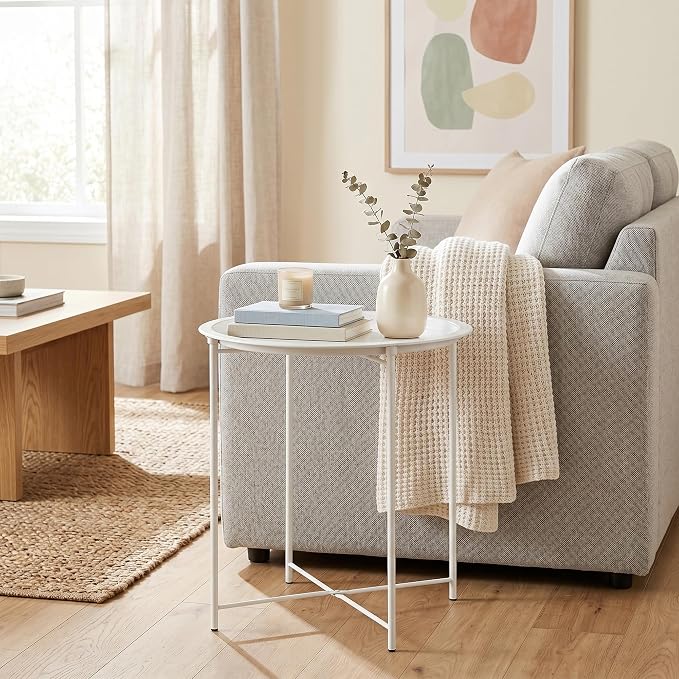 VECELO Side/End Table, Folding Round Metal Anti-Rust and Waterproof Outdoor or Indoor Tray for Living Room Bedroom Balcony and Office, 2 PCS, Beige