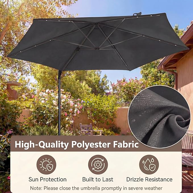 HAPPYGRILL 10 FT Patio Umbrella with Solar Lights, Outdoor Offset Cantilever Umbrella with White LED Lights, 360 Degree Rotation, Air Vent for Pool Deck Garden Backyard