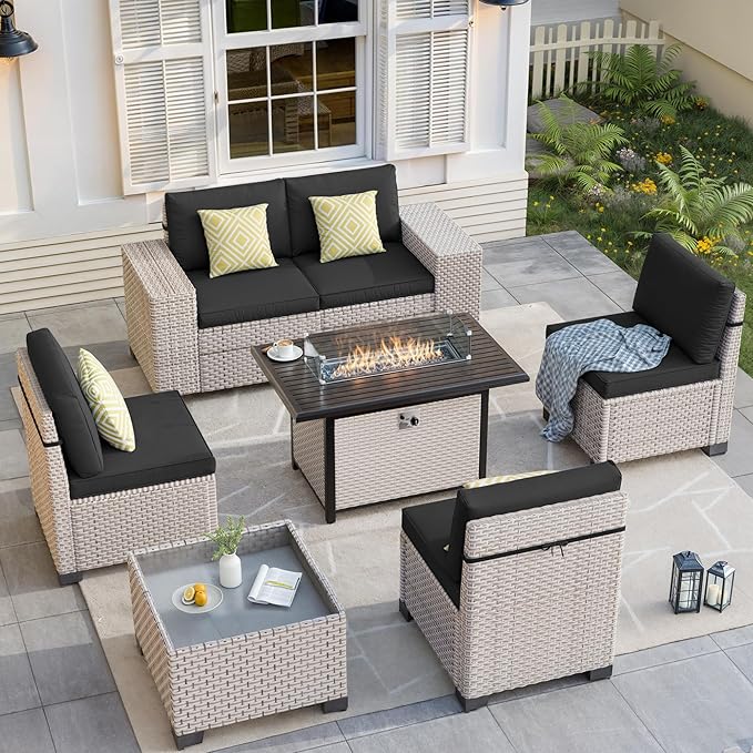 7-Piece Outdoor Patio Furniture Set with Fire Pit, Modular Sectional Sofa Set with Glass Coffee Table and Cushions, Wicker Outdoor Couch Conversation Sets, Black