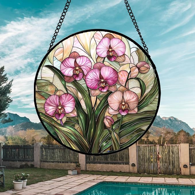 Stained Glass Window Hanging - Pink Phalaenopsis Orchid Green Leaves Sun Catcher for Door Home Decor Flower Suncatcher Christmas Mother's Day Birthday Gifts for Women Men Mom Nana 6.3 in