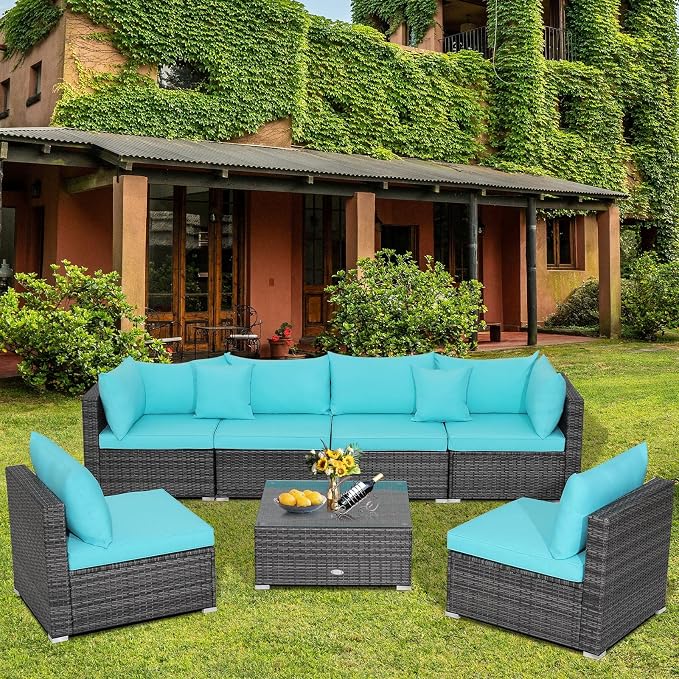 DORTALA 7 Pieces PE Rattan Patio Furniture Set, All-Weather Wicker Conversation Set W/Soft Cushions & Pillows, Coffee Table, Outdoor Sectional Sofa Set for Balcony, Poolside, Backyard, Turquoise