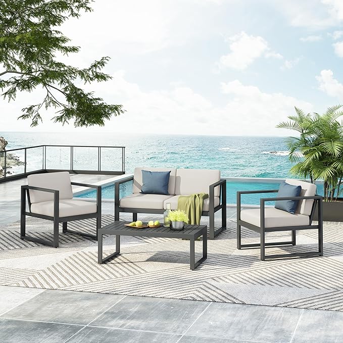 Christopher Knight Home Tundr Outdoor 4 Seater Chat Set with Coffee Table, Patio Conversation Sets, Sectional Aluminum Furniture Set with Cushions, 2 Chairs and Loveseat Set, Black Finish + Beige