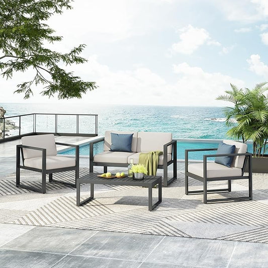 Christopher Knight Home Tundr Outdoor 4 Seater Chat Set with Coffee Table, Patio Conversation Sets, Sectional Aluminum Furniture Set with Cushions, 2 Chairs and Loveseat Set, Black Finish + Beige