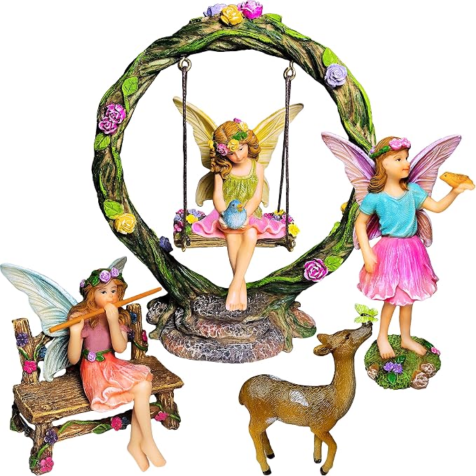 Mood Lab Fairy Garden Figurines with Swing - Miniature Decor Set (6 pcs) - Statues & Accessories - Outdoor & Indoor Garden Decor