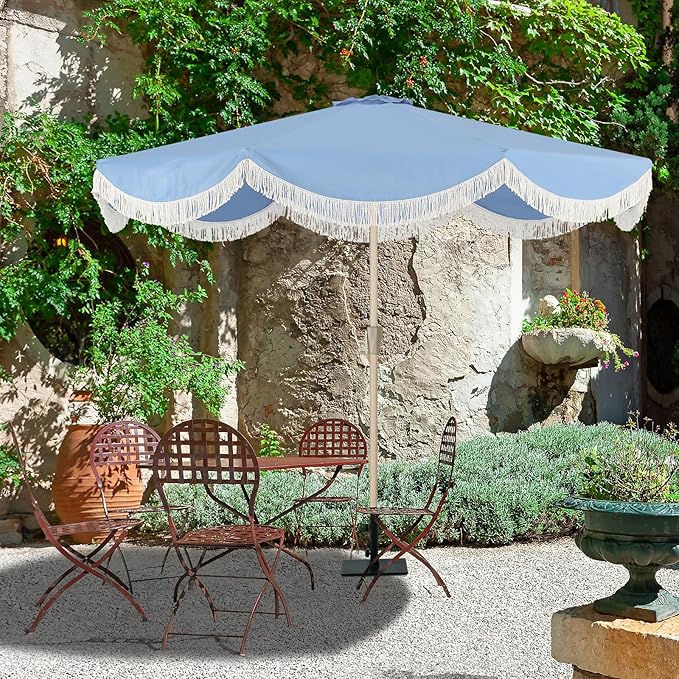 Tempera 9ft Blue Scalloped Patio Umbrella with Fringe,UV Protection Fade Resistant Canopy, 8 Sturdy Ribs, Outdoor Table Umbrella with Crank Tilt for Lawn, Pool, Deck, Balcony