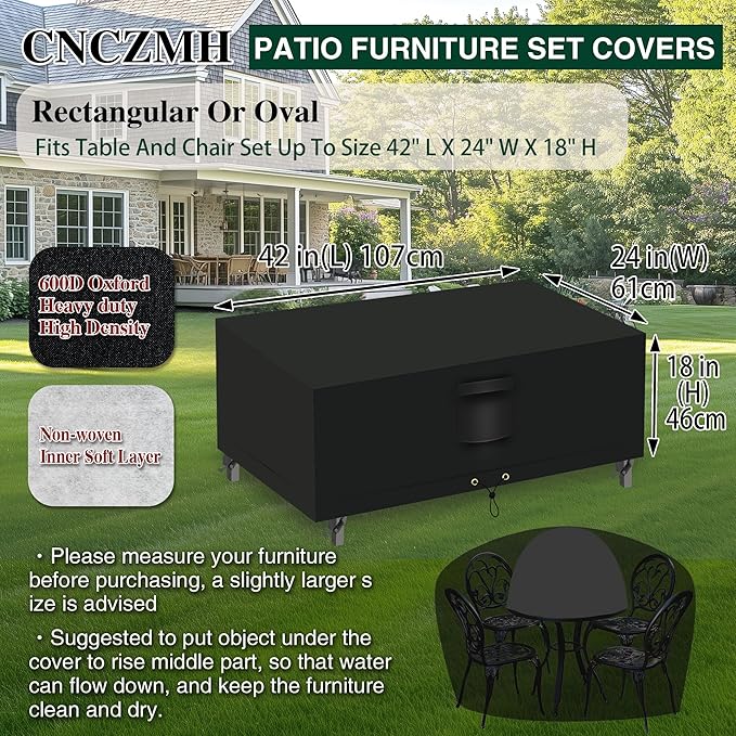 Heavy Duty Patio Furniture Covers Waterproof, 600D Outdoor Furniture Cover Waterproof for Sectional Sofa Couch, Outdoor Dining Table and Chair Set Covers 42''L x 24''W x 18''H, Black