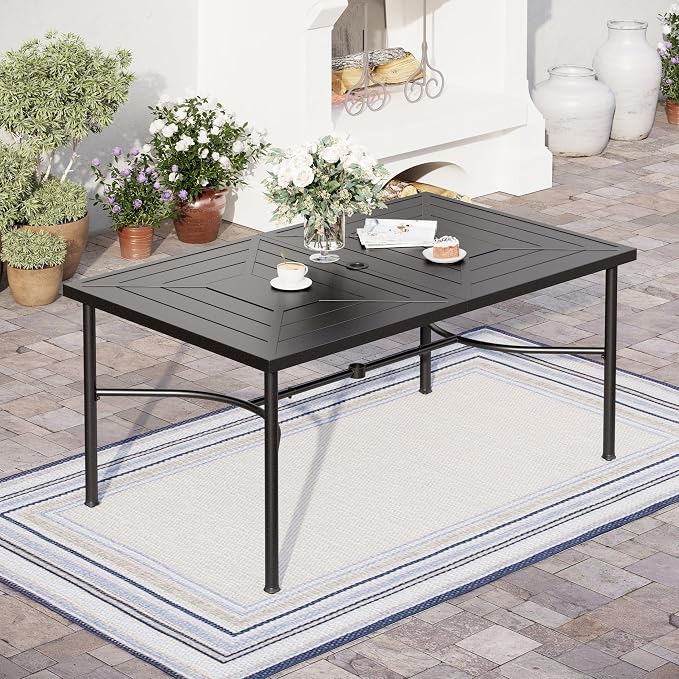 SUNSHINE VALLEY Patio Dining Set for 6, 64" Rectangular Metal Dining Table with Umbrella Hole and 6 Chairs, Outdoor Table and Chairs Set for Lawn Garden Backyard and Deck, Brown