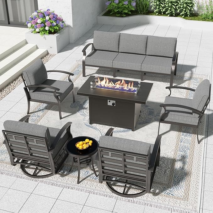 Aluminum Patio Furniture Set with 55,000 BTU Propane Fire Pit Table, 7 Seats Metal Modern Outdoor Furniture w/5.1" Cushions, Sectional w/Swivel Chairs for Backyard, Grey