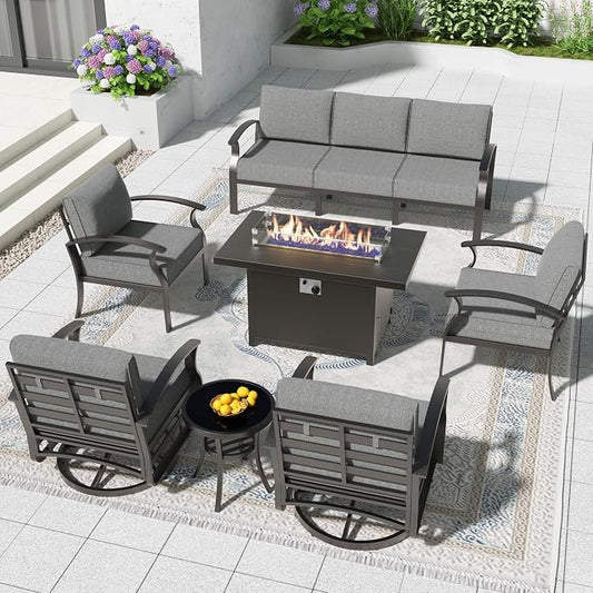 Aluminum Patio Furniture Set with 55,000 BTU Propane Fire Pit Table, 7 Seats Metal Modern Outdoor Furniture w/5.1" Cushions, Sectional w/Swivel Chairs for Backyard, Grey