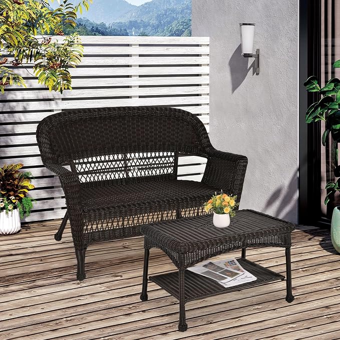 Jeco Wicker Patio Love Seat and Coffee Table Set without Cushion, Espresso