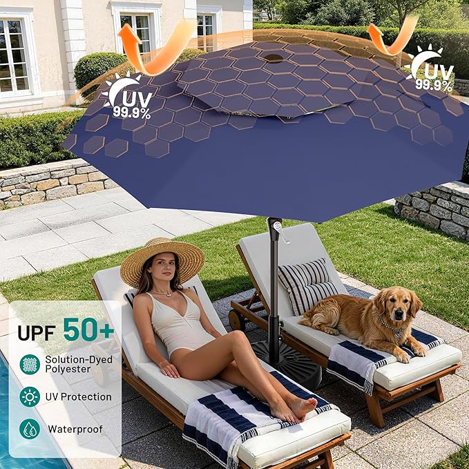 AreShark 9ft 2 Tiers Patio Umbrella - Outdoor Umbrella Waterproof UV Protection, Market Table Umbrella w/Push Button Tilt&Crank for Pool, Porch, Garden(Navy)
