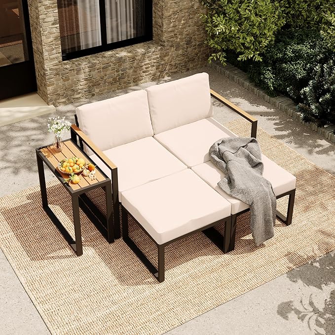 LAUSAINT HOME 5 Pieces Outdoor Conversation Set, Metal Patio Chairs with Thick Cushions 2 Ottomans&Side Table for Backyard, Poolside, Porch, Balcony (Beige)
