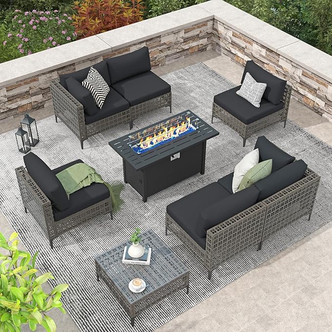 Patiorama 8 Piece Wicker Patio Furniture Set with 45” Fire Pit Table, Metal-Colored PE Rattan Outdoor Sectional Sofa, 50000 BTU Propane Fire Pit w/Wind Guard,Cover,Water Resistant Cushion-Black