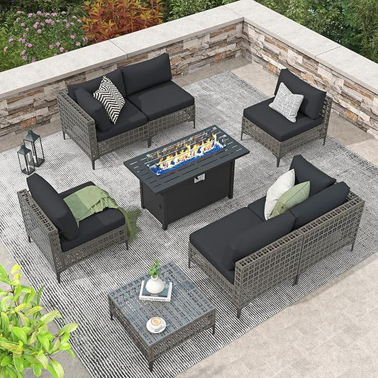 Patiorama 8 Piece Wicker Patio Furniture Set with 45” Fire Pit Table, Metal-Colored PE Rattan Outdoor Sectional Sofa, 50000 BTU Propane Fire Pit w/Wind Guard,Cover,Water Resistant Cushion-Black