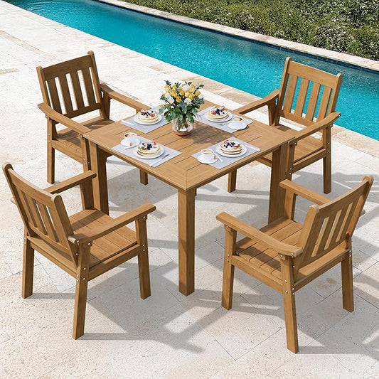 YEFU HIPS Patio Table Set: 5 Piece Outdoor Square Table and Chairs with Metal Aluminum Frame - Teak Modern Plastic Patio Dining Furniture Set 4 Person for Outside Deck